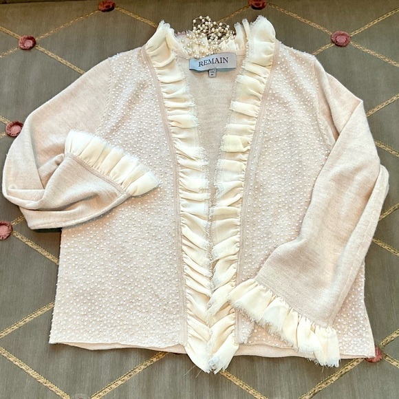 Remain Sweater Cardigan Wool Blend with Sequins & Ruffles in Beige Retro (M) - Picture 4 of 7
